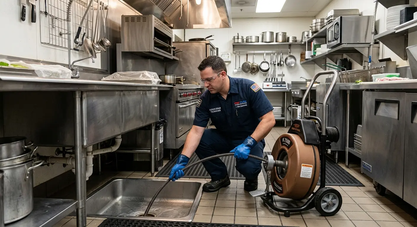 Commercial drain cleaning service in a restaurant kitchen in Raisinville
