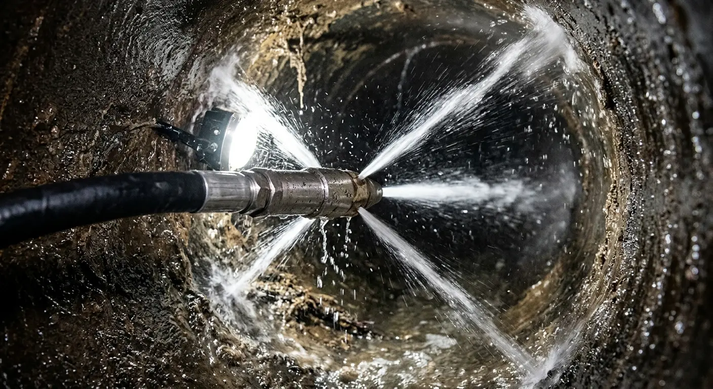 High-pressure hydro jetting nozzle cleaning sewer pipe for Sewer Cleanout in Raisinville