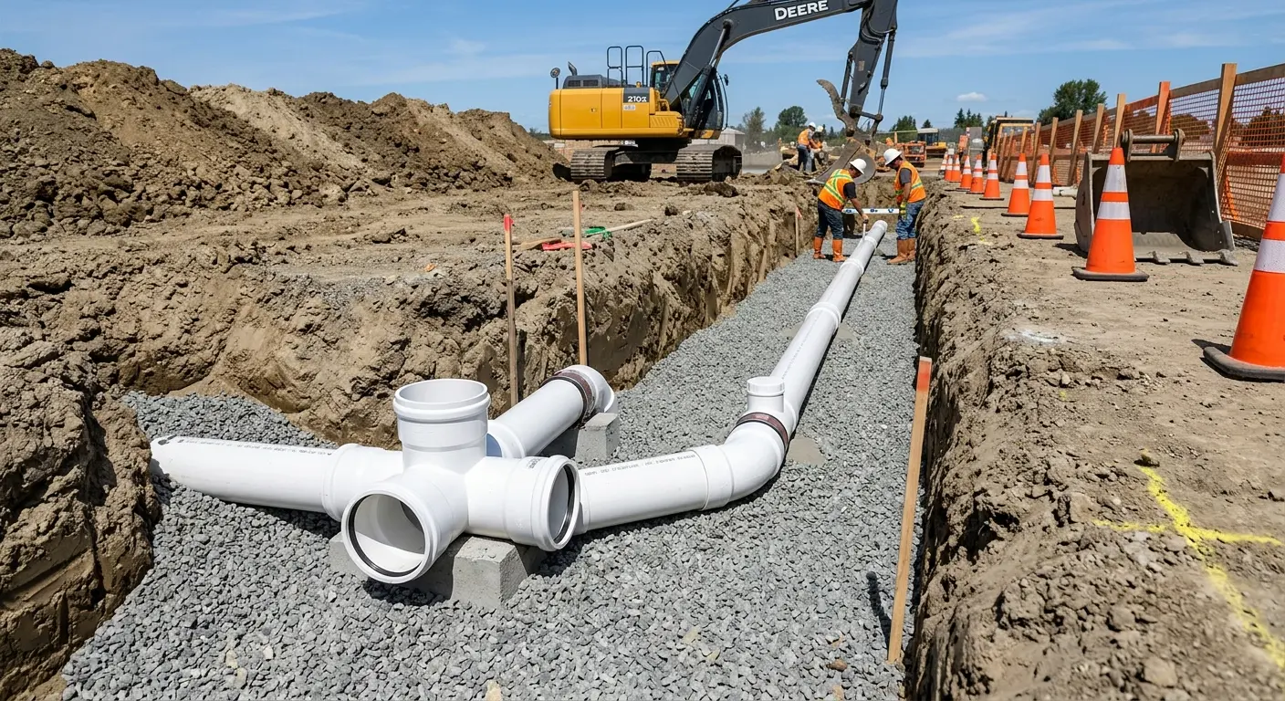 New PVC sewer pipe installation in open trench for Commercial Drain Cleaning in Raisinville