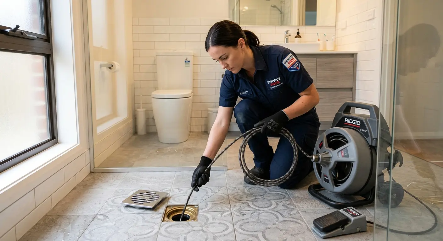 Technician clearing a bathroom floor drain for Hydro Jetting in Raisinville